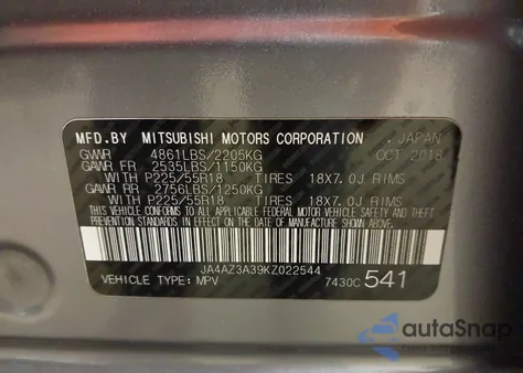 2019 Mitsubishi Outlander Sel z USA, uszkodzony, nr VIN JA4AZ3A39KZ022544